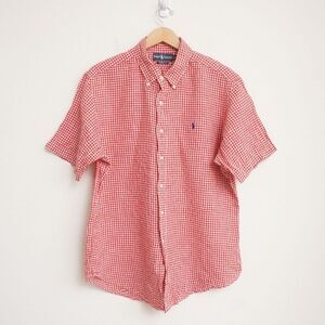 Ralph Lauren Mens Shirt Button Up Short Sleeve Red Plaid Check Linen Classic